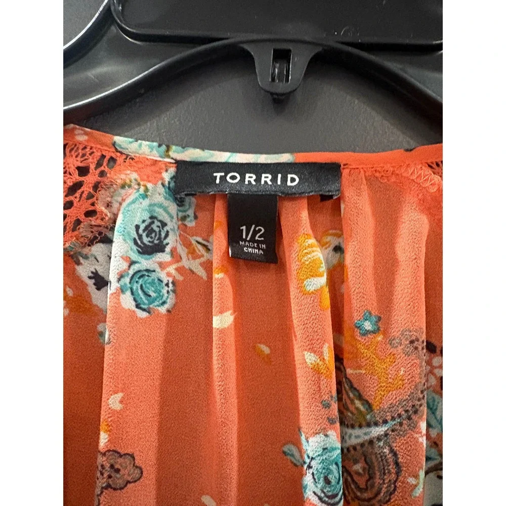 Torrid Orange Floral Paisley Crochet Lace Trim Kimono Cardigan Plus Size 1/2 - Picture 2 of 6